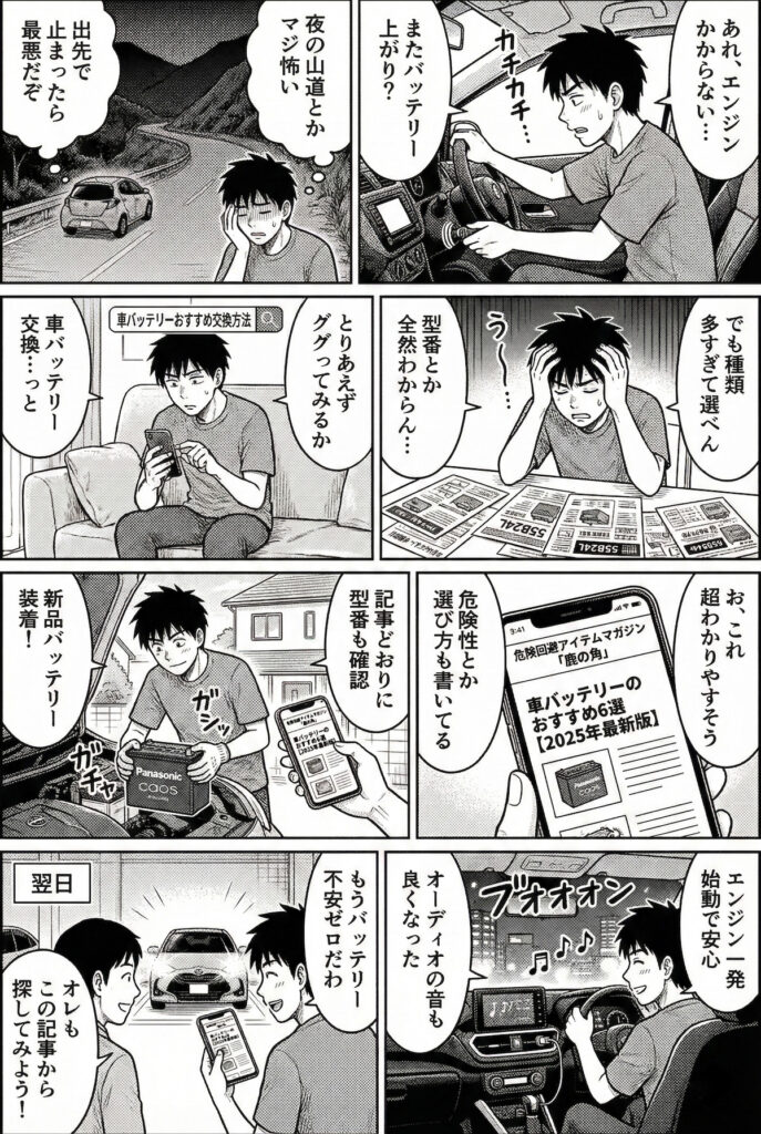 車のバッテリーの選び方やおすすめを紹介する漫画